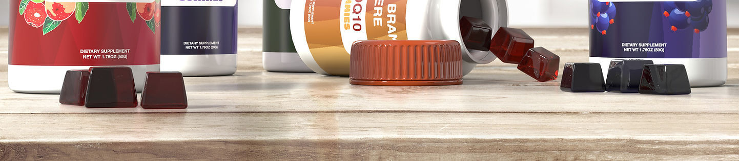 Custom private label gummies spilling out of a jar with customizable 'your brand here' packaging.