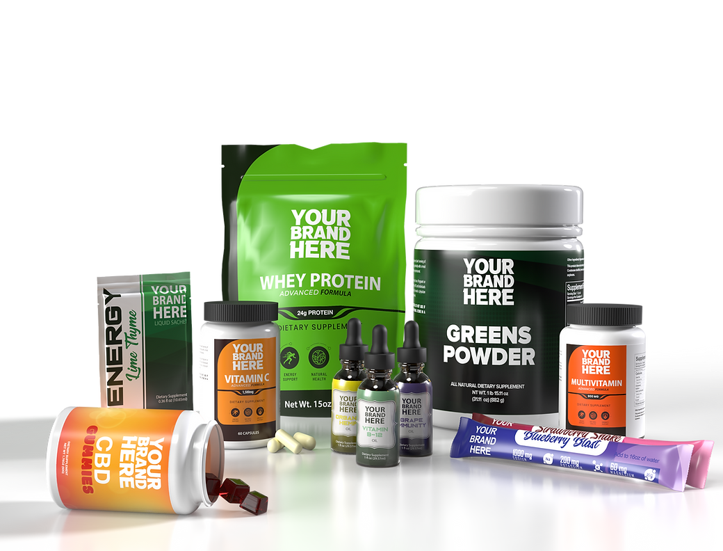 Private label supplements and nutraceuticals in the form of capsules, gummies, liquids, powders, and stick packs on display in customizable 'Your Brand Here' packaging.