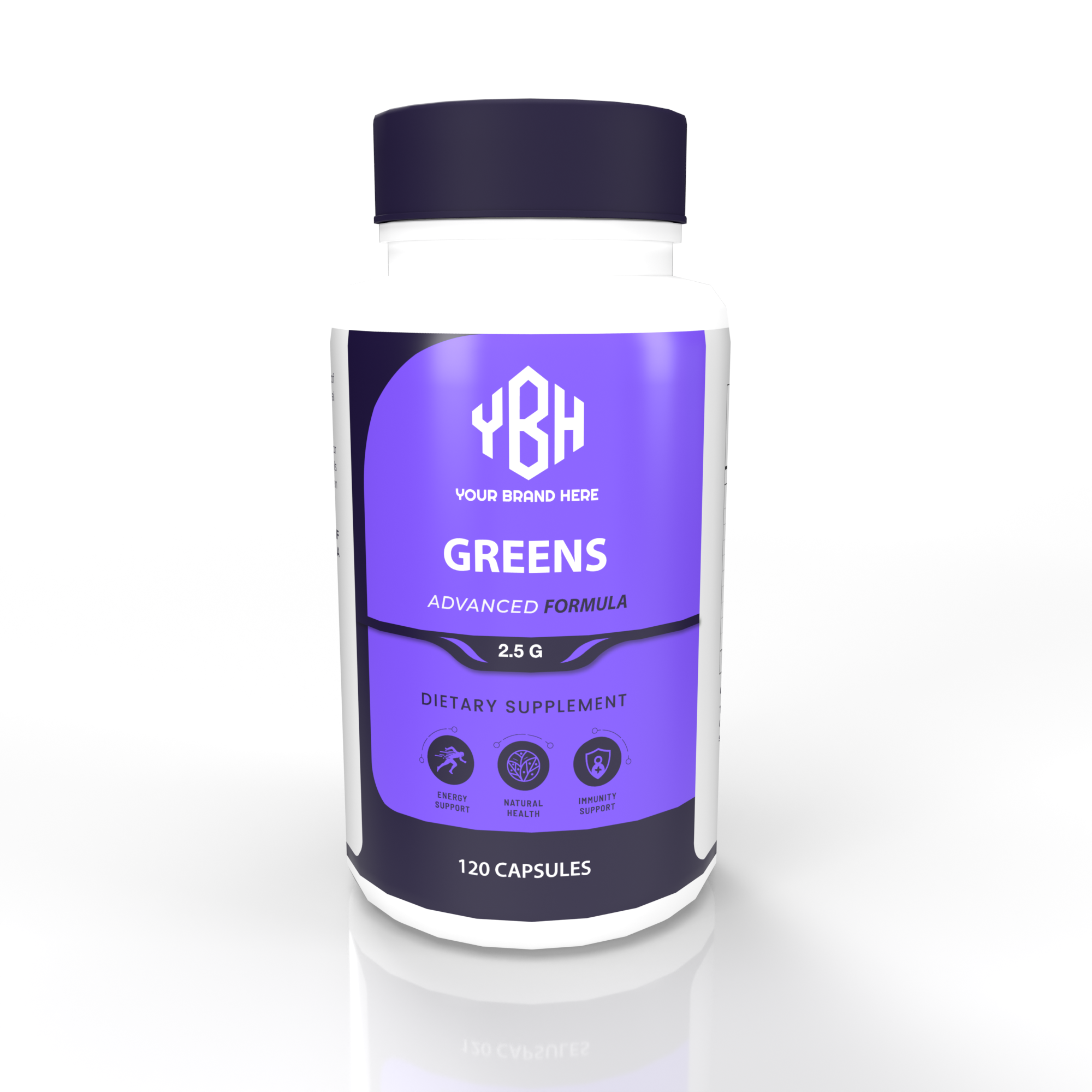 Private label greens supplement capsules with custom packaging for your brand.