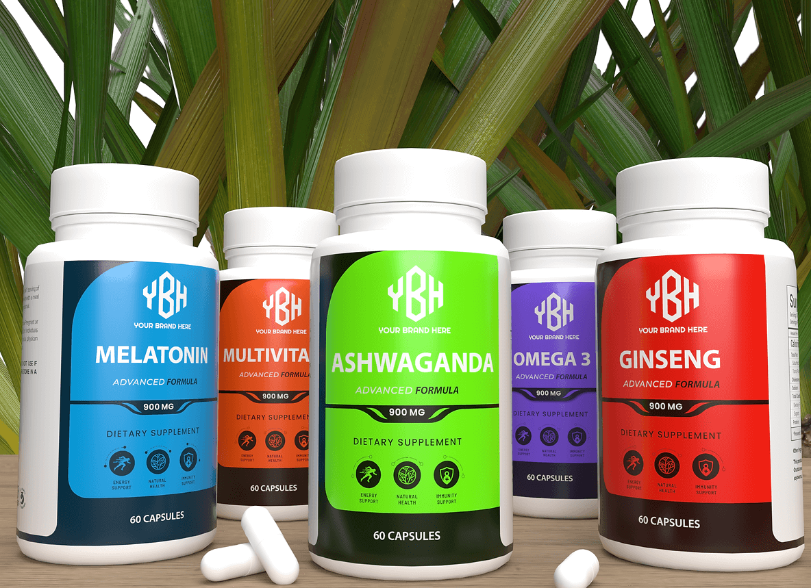 Private label custom supplement capsules made from natural ingredients and bottles with customizable packaging for every brand.