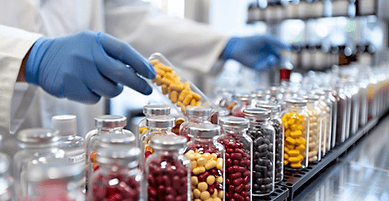 Vitalis International custom formulation service showcased by a nufacturing employee dividing supplements into bottles.