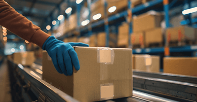 Vitalis International co-packing service showcased by an employee packing a box of products in a warehouse.